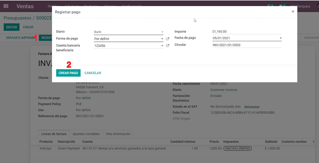 Down payment invoice